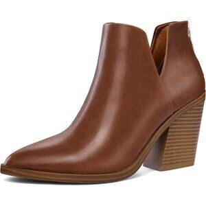 Mysoft Women's Brown Pu Chunky Mid Heel Slip on Pointed Toe Stacked Ankle Boots